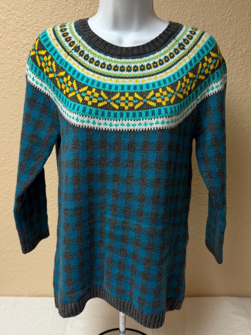 4/$20 Talbots Teal and Gray Fair Isle Yoke Sweater